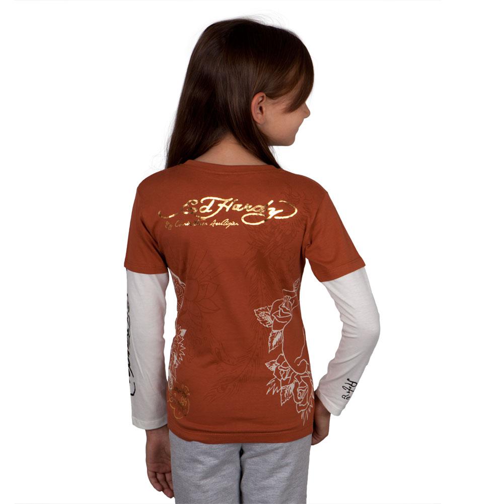 Ed Hardy - Side Skull Stencil Girls Juvy 2fer Long Sleeve T-Shirt Juvenile Long Sleeves Ed Hardy