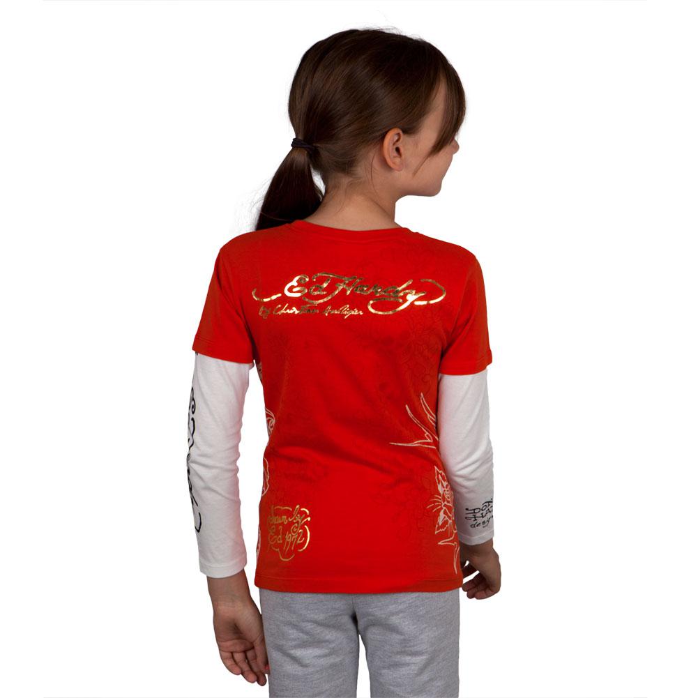 Ed Hardy - Side Koi Fish Stencil Girls Juvy 2fer Long Sleeve T-Shirt Juvenile Long Sleeves Ed Hardy
