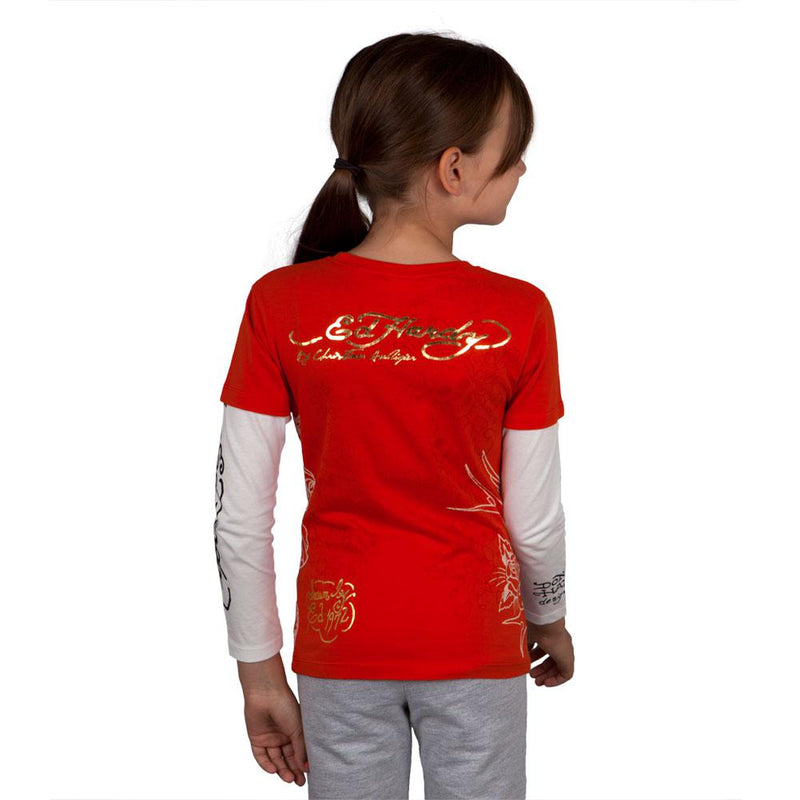 Ed Hardy - Side Koi Fish Stencil Girls Juvy 2fer Long Sleeve T-Shirt Juvenile Long Sleeves Ed Hardy