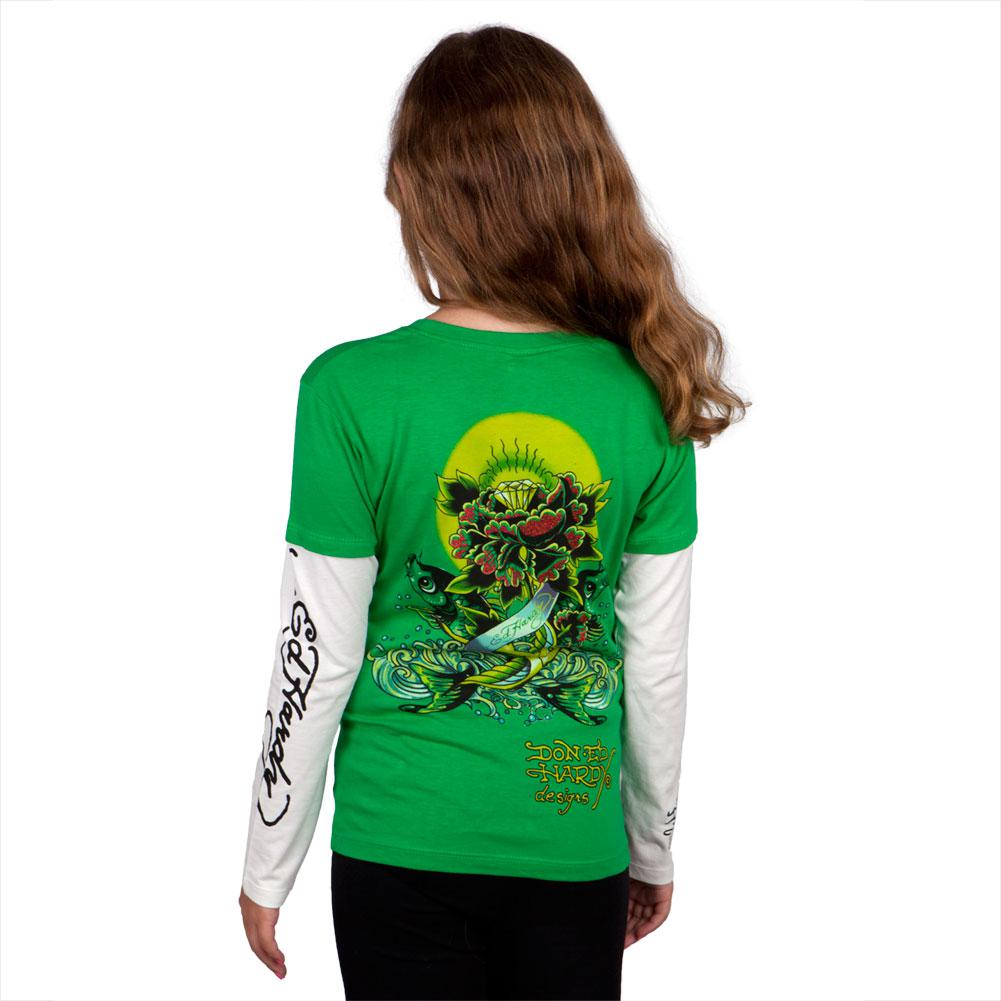 Ed Hardy - Diamond Rose Koi Fish Collage Girls Juvy 2fer Long Sleeve T-Shirt Juvenile Long Sleeves Ed Hardy