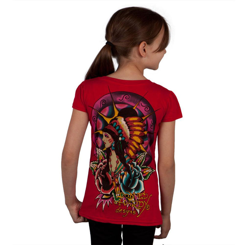 Ed Hardy - Native American Girl & Roses Girls Youth T-Shirt Youth T-Shirts Ed Hardy