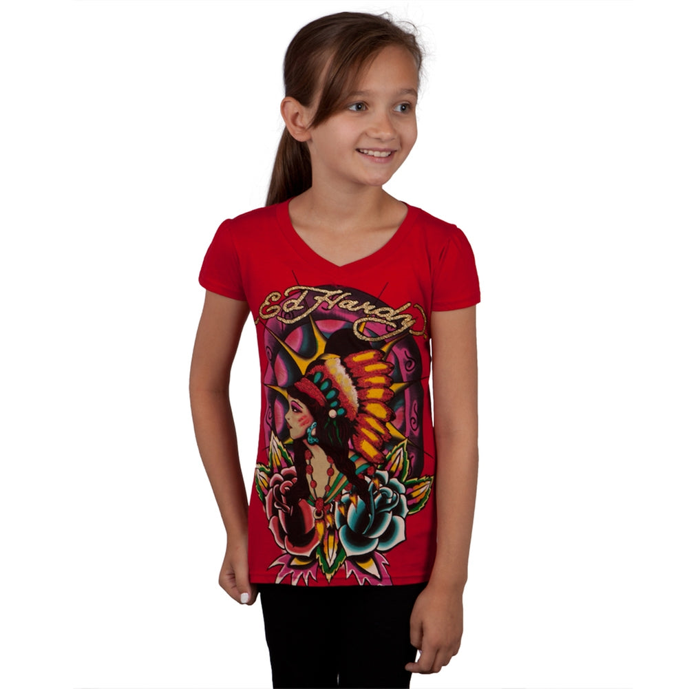 Ed Hardy - Native American Girl & Roses Girls Youth T-Shirt Youth T-Shirts Ed Hardy LG Red