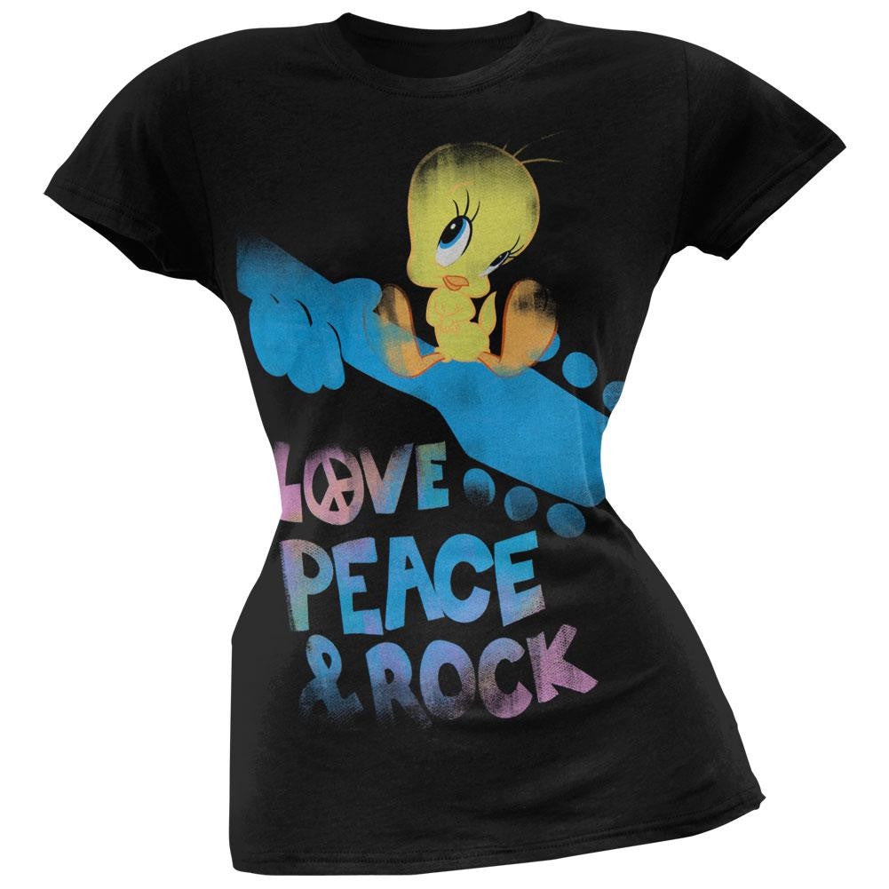 Looney Tunes - Tweety Love Peace And Rock Juniors T-Shirt Juniors T-Shirts Looney Tunes LG Black