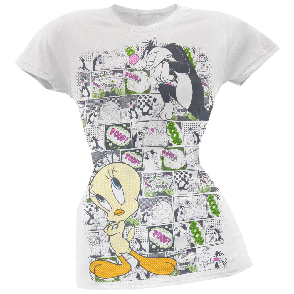 Looney Tunes - Sylvester and Tweety Comic Strip Juniors T-Shirt Juniors T-Shirts Looney Tunes LG White