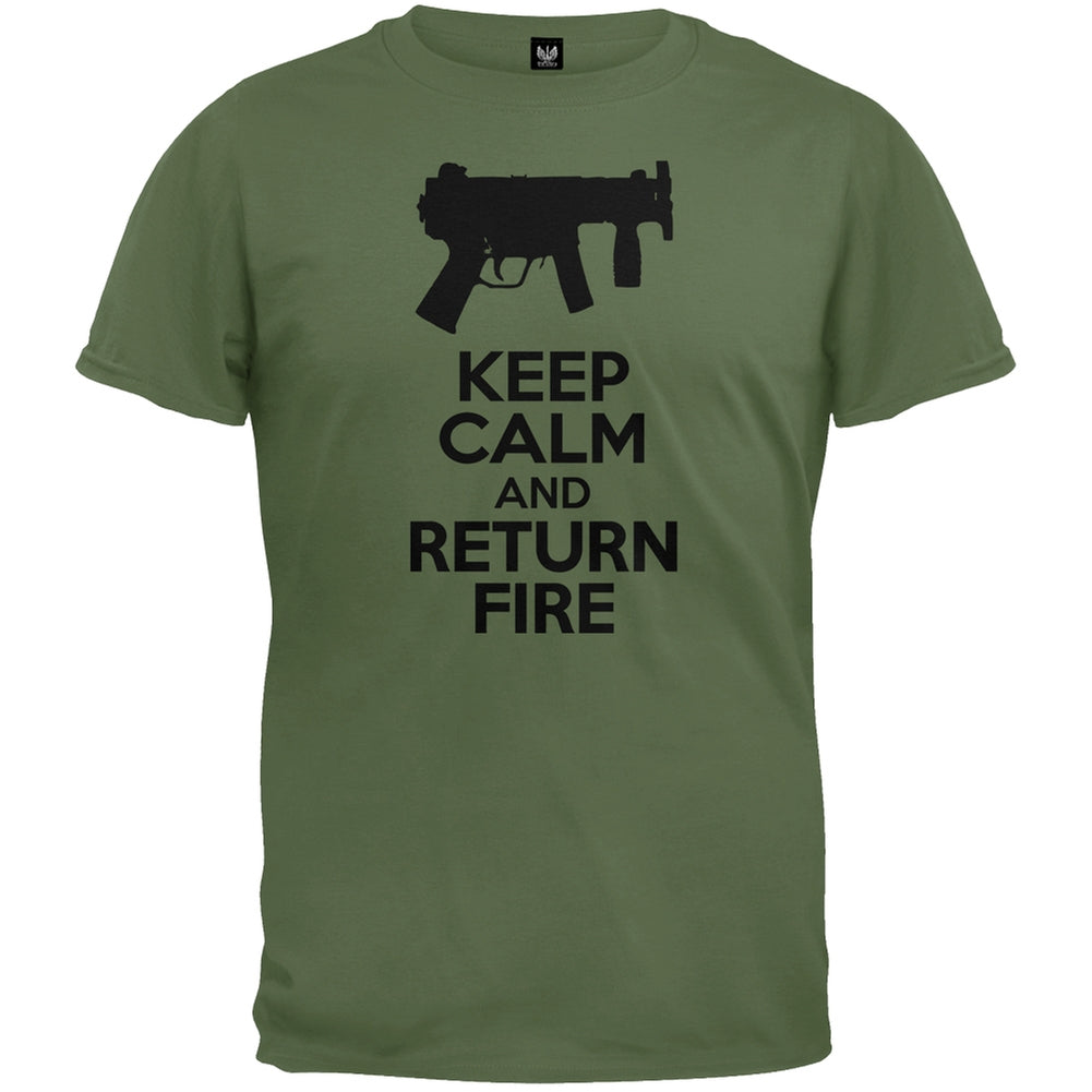 Keep Calm and Return Fire Submachine Gun Military Green T-Shirt Men's T-Shirts Old Glory 2XL Green