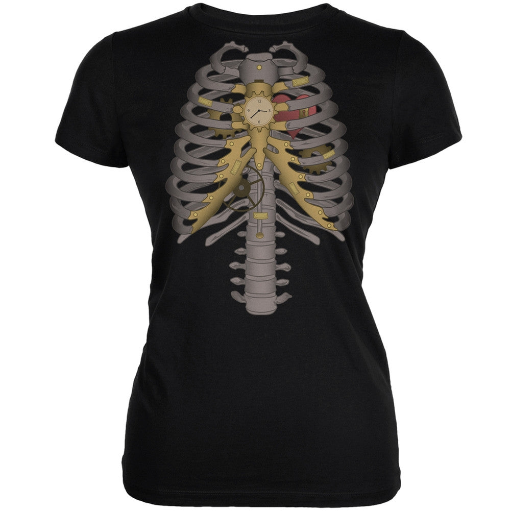 Halloween Steampunk Mechanical Skeleton Costume Black Juniors T-Shirt Juniors T-Shirts Old Glory
