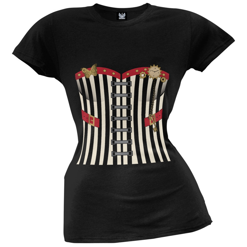 Halloween Steampunk Striped Corset Costume Juniors T-Shirt Juniors T-Shirts Old Glory