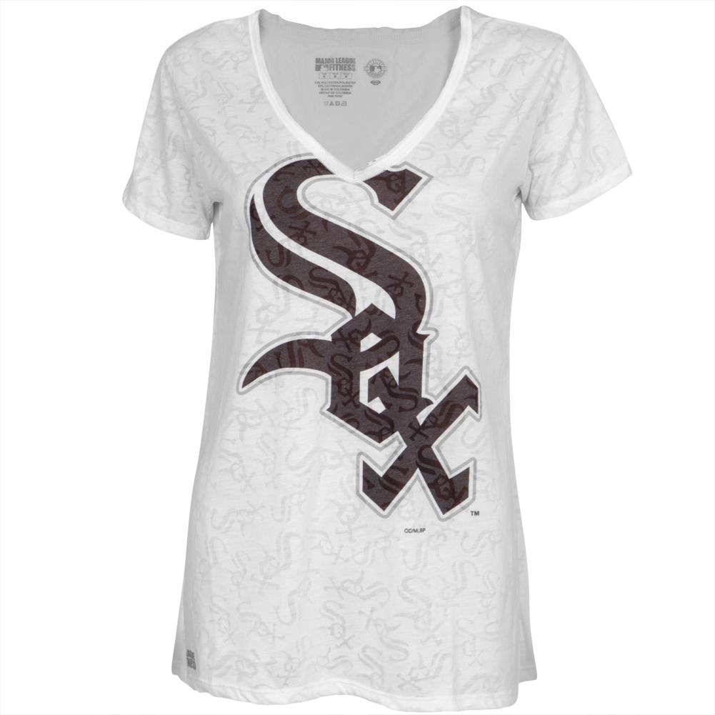 Chicago White Sox - Large Logo Juniors Burnout V-Neck T-Shirt Juniors T-Shirts Chicago White Sox LG White