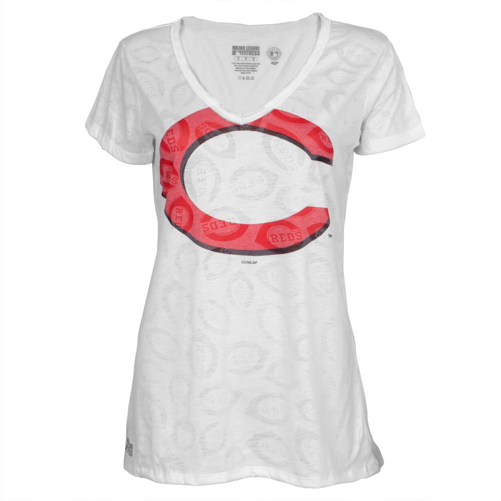 Cincinnati Reds - Large Logo Juniors Burnout V-Neck T-Shirt Juniors T-Shirts Cincinnati Reds LG White
