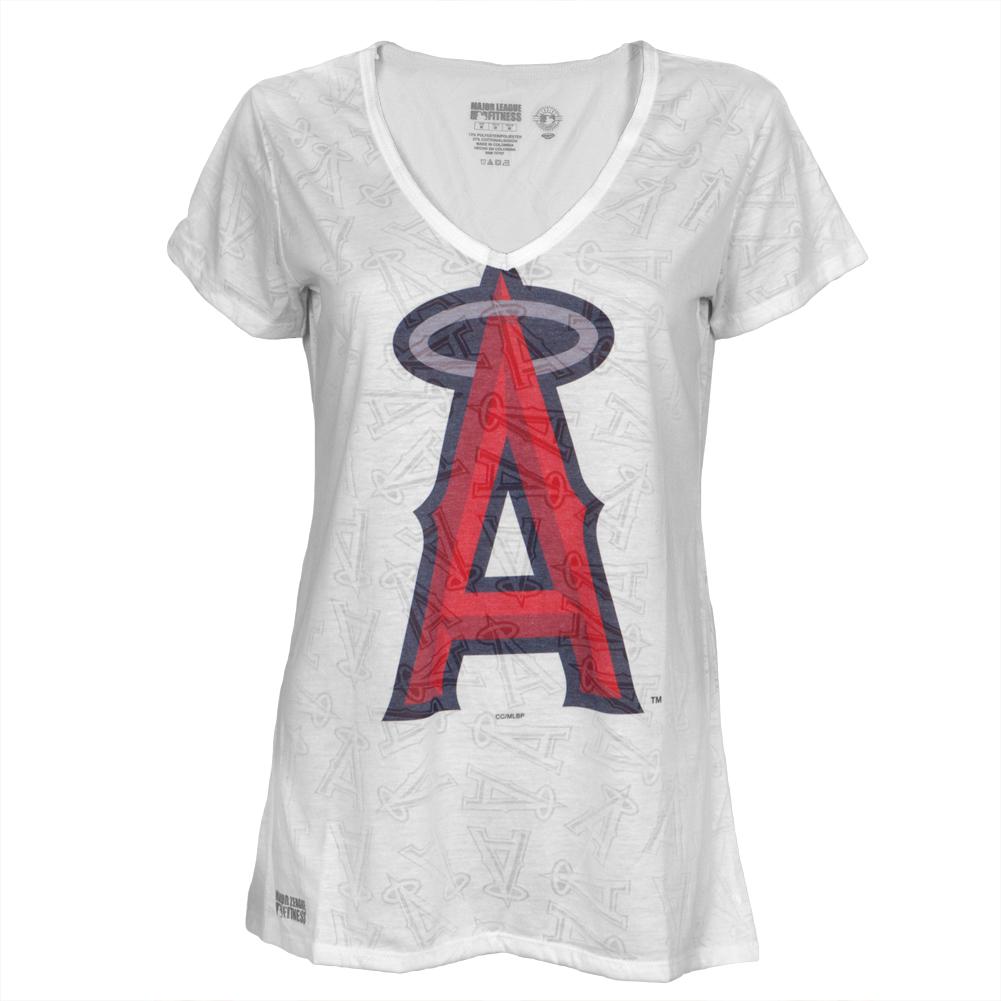 Los Angeles Angels of Anaheim - Large Logo Juniors Burnout V-Neck T-Shirt Juniors T-Shirts Los Angeles Angels of Anaheim LG White