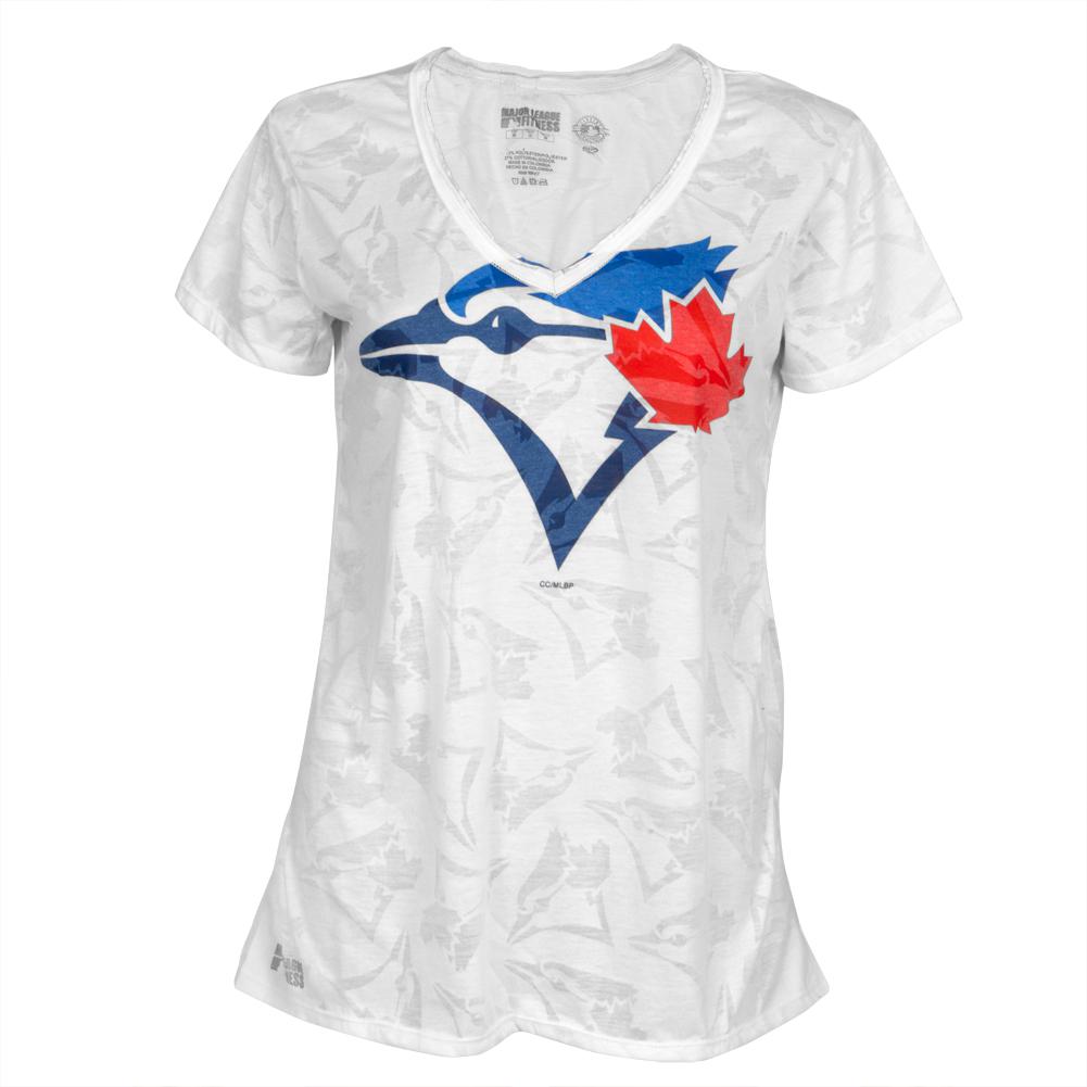 Toronto Blue Jays - Large Logo Juniors Burnout V-Neck T-Shirt Juniors T-Shirts Toronto Blue Jays LG White