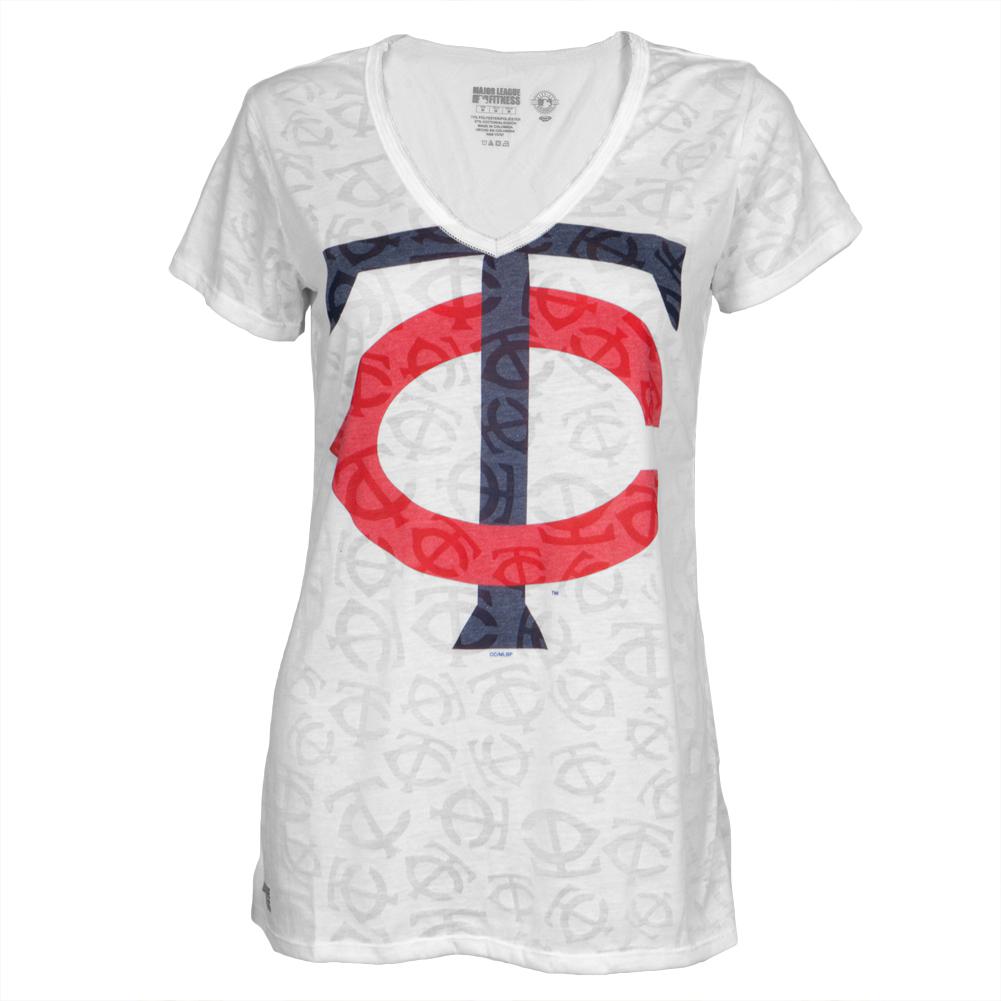 Minnesota Twins - Large Logo Juniors Burnout V-Neck T-Shirt Juniors T-Shirts Minnesota Twins LG White