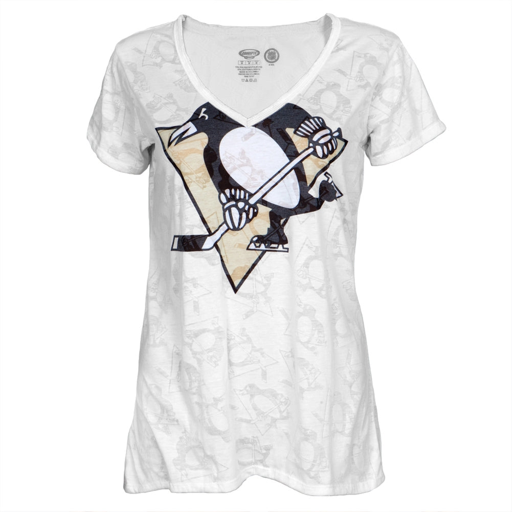Pittsburgh Penguins - Large Logo Juniors Burnout V-Neck T-Shirt Juniors T-Shirts Pittsburgh Penguins LG White