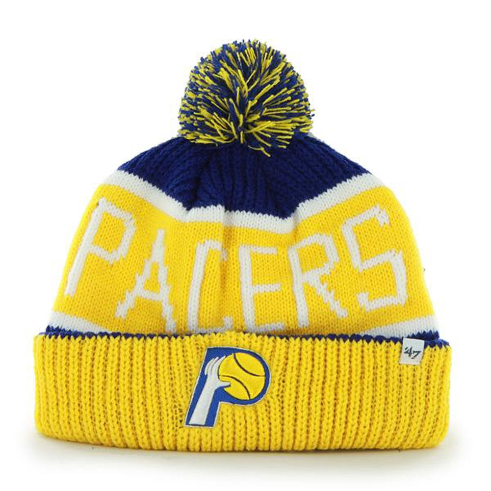 Indiana Pacers - Logo Calgary Yellow and Blue Pom Pom Beanie Knit Hats Old Glory OS Yellow