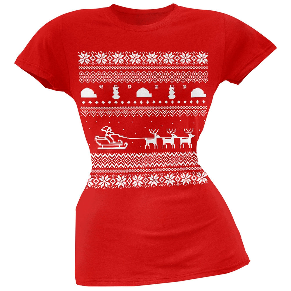 Santa Sleigh Ugly Christmas Sweater Red Juniors T-Shirt Juniors T-Shirts Old Glory