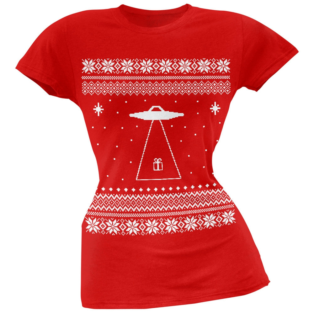 Alien Beam Ugly Christmas Sweater Green Juniors T-Shirt Juniors T-Shirts Old Glory 2XL Red