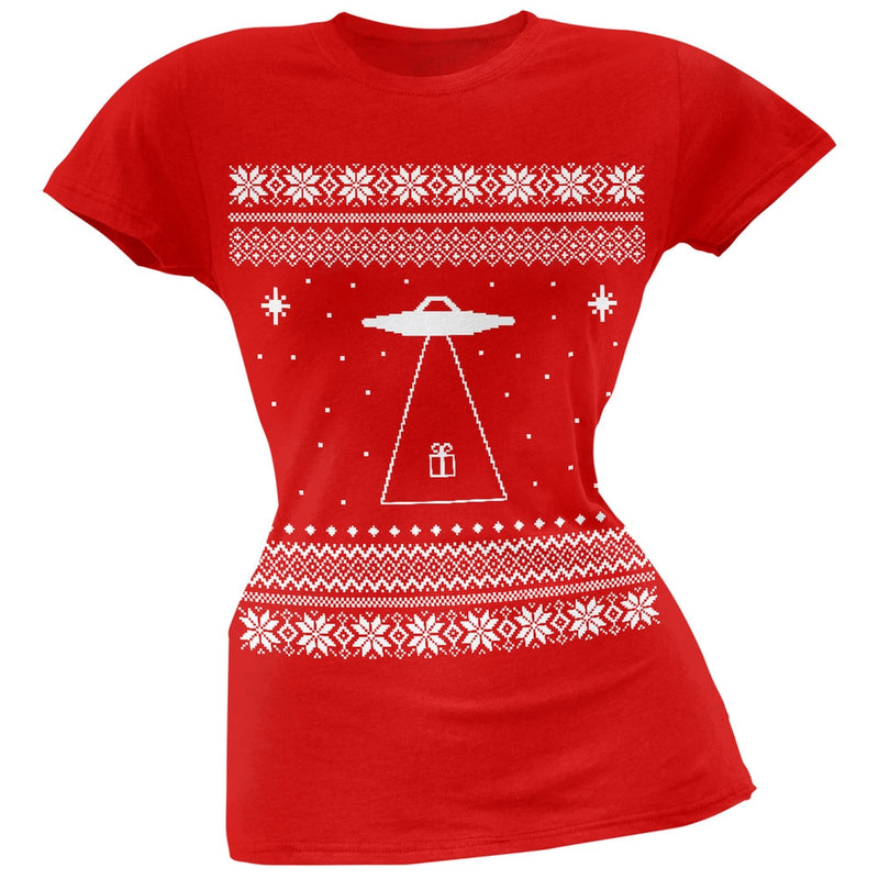 Alien Beam Ugly Christmas Sweater Green Juniors T-Shirt Juniors T-Shirts Old Glory 2XL Red