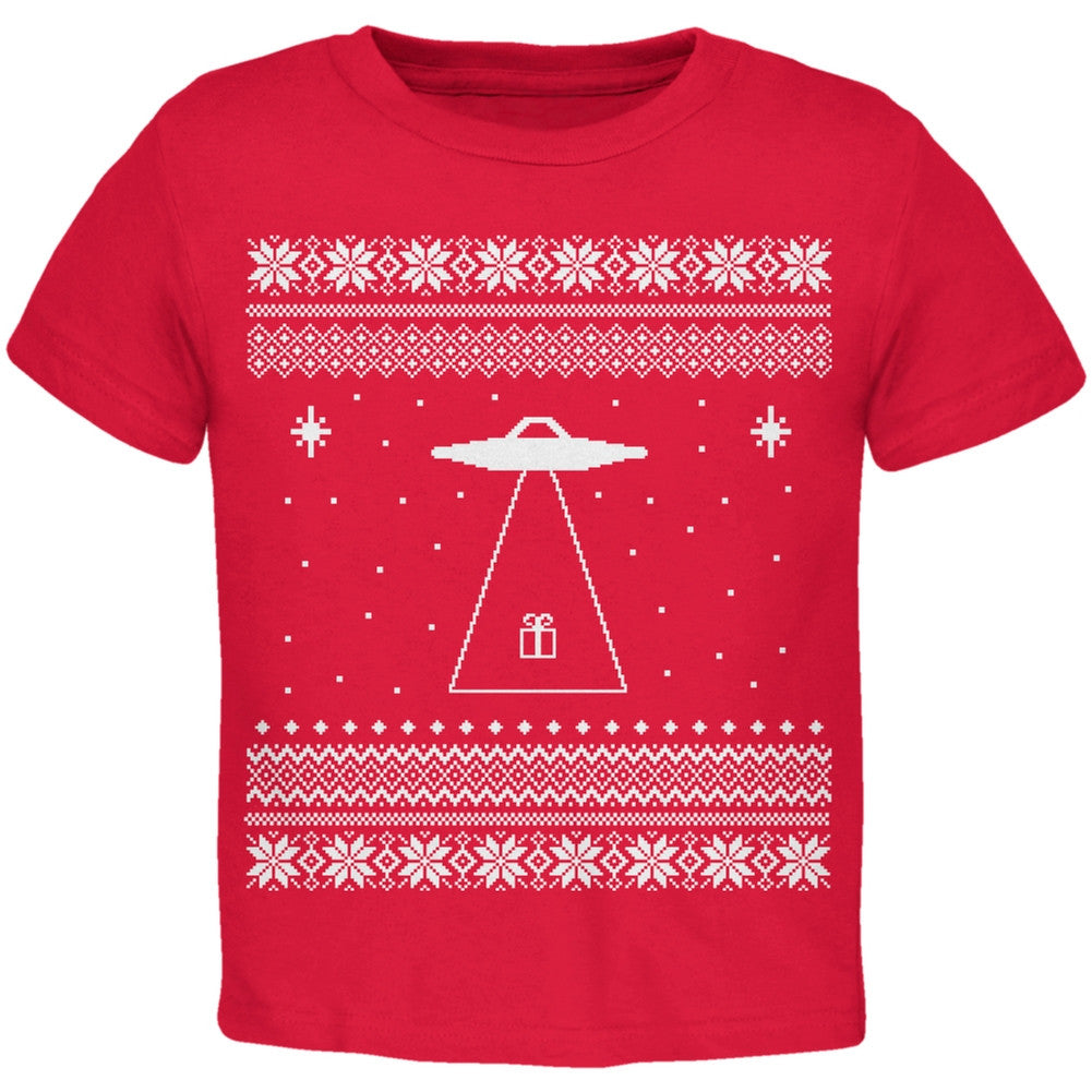Alien Beam Ugly Christmas Sweater Green Toddler T-Shirt Toddler T-Shirts Old Glory 2T Red