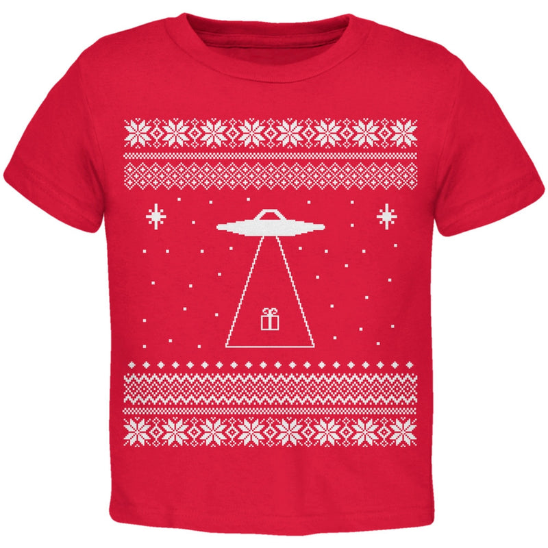 Alien Beam Ugly Christmas Sweater Green Toddler T-Shirt Toddler T-Shirts Old Glory 2T Red
