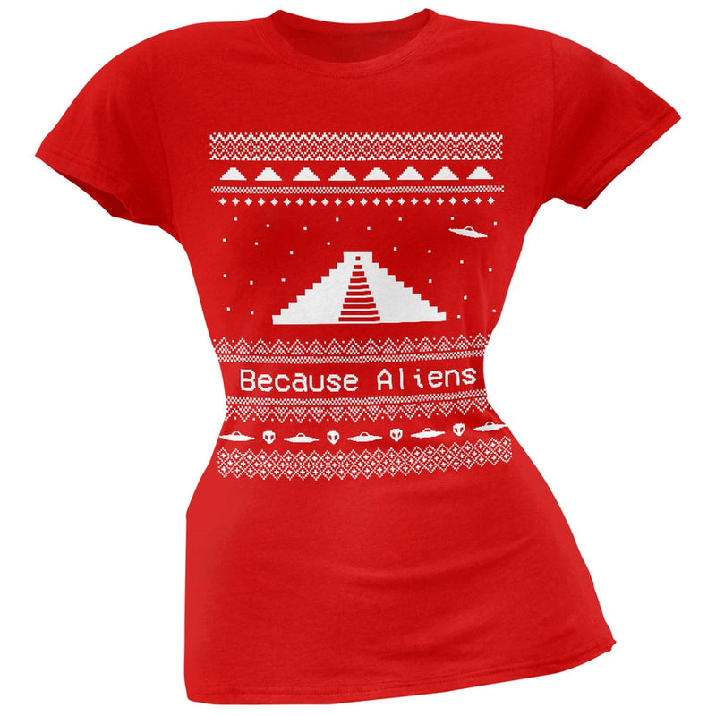 Pyramid Aliens Ugly Christmas Sweater Green Juniors T-Shirt Juniors T-Shirts Old Glory 2XL Red