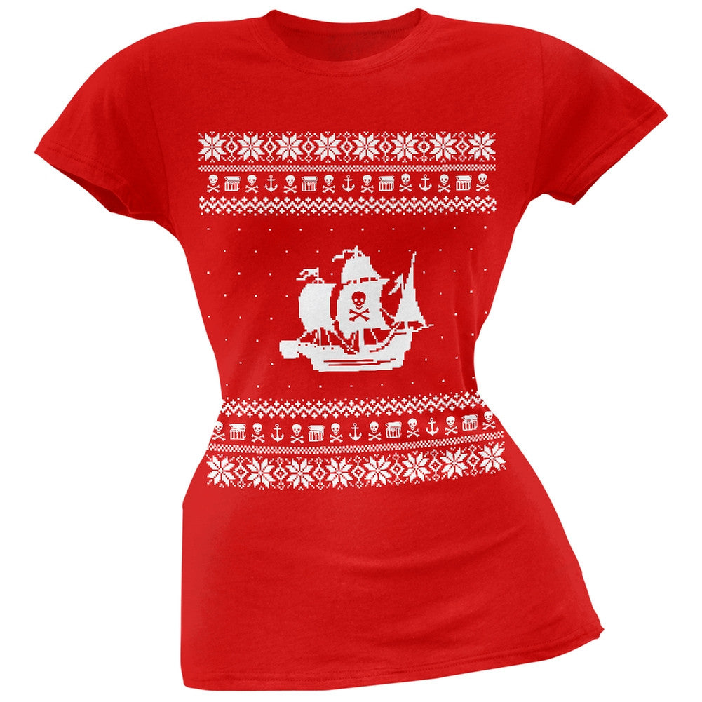 Pirate Ship Ugly Christmas Sweater Black Juniors T-Shirt Juniors T-Shirts Old Glory