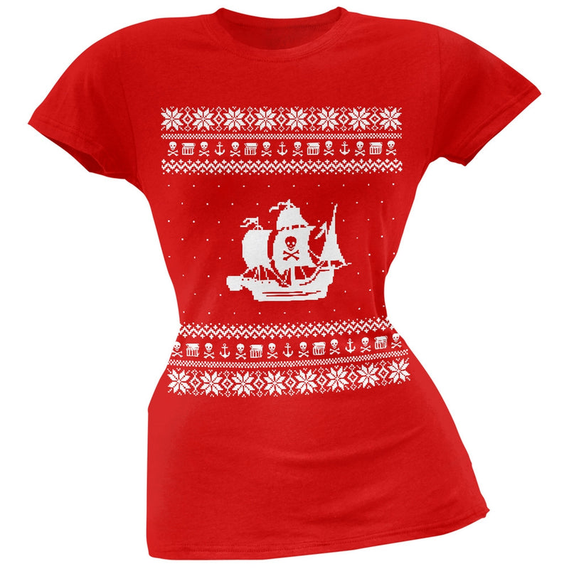 Pirate Ship Ugly Christmas Sweater Black Juniors T-Shirt Juniors T-Shirts Old Glory