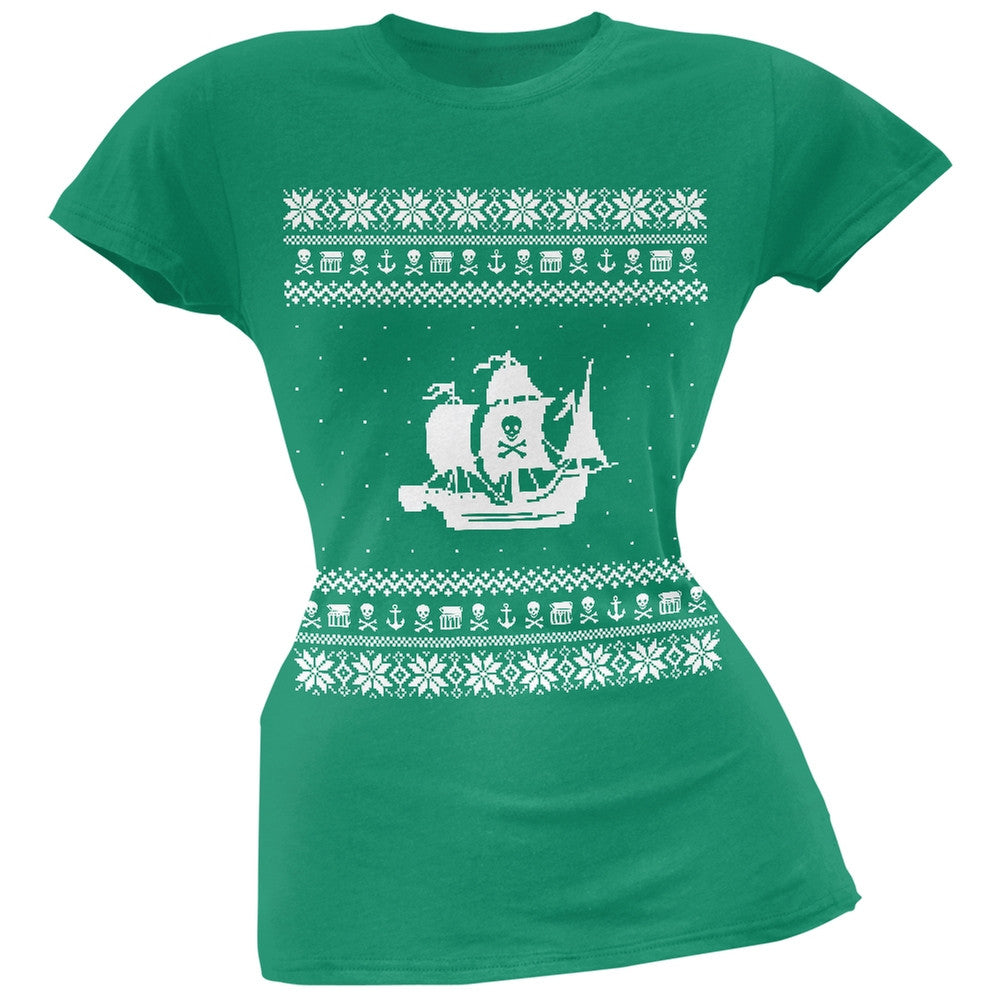 Pirate Ship Ugly Christmas Sweater Black Juniors T-Shirt Juniors T-Shirts Old Glory