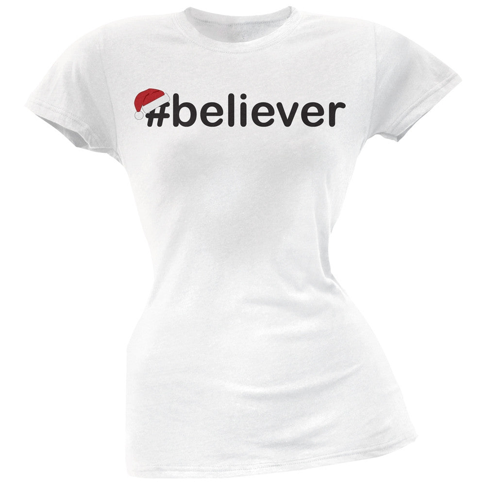 #Believer Santa Juniors Green T-Shirt Juniors T-Shirts Old Glory SM White