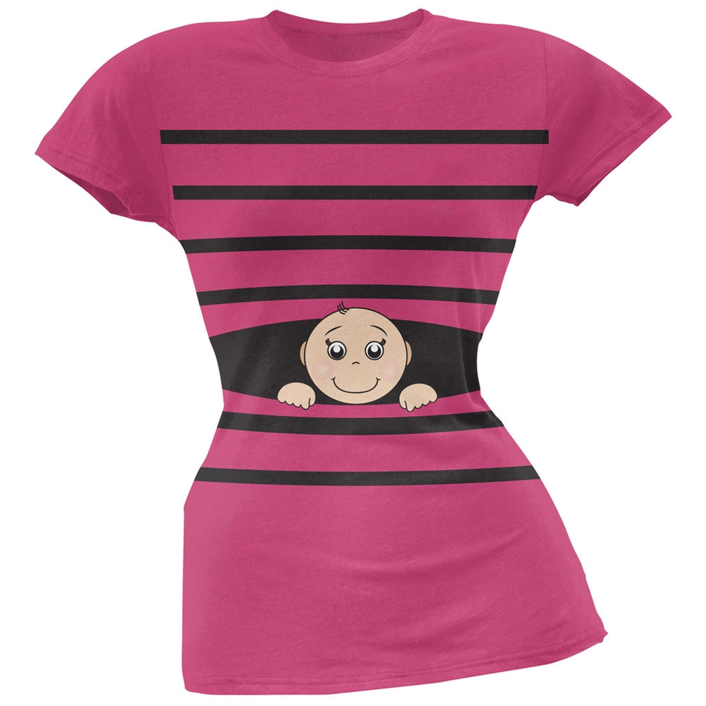 Striped Peeking Baby Pink Soft Juniors T-Shirt Juniors T-Shirts Old Glory
