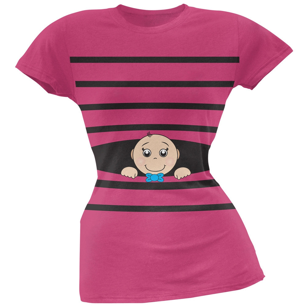 Striped Peeking Baby Boy Pink Soft Juniors T-Shirt Juniors T-Shirts Old Glory