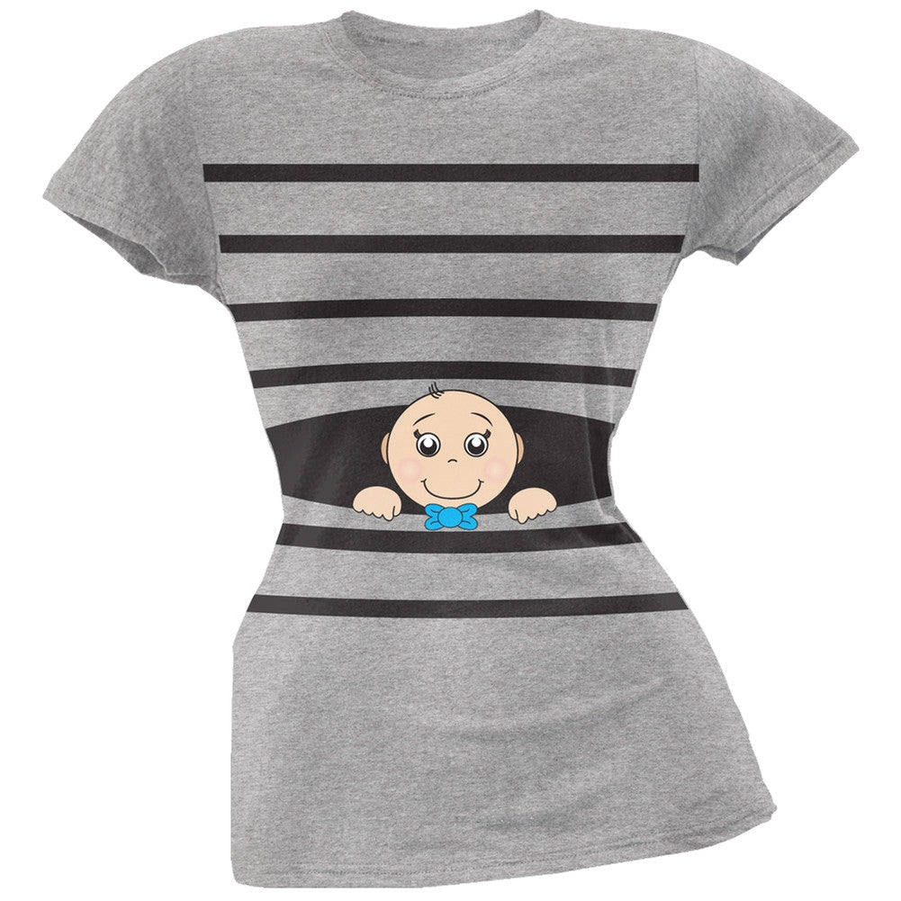 Striped Peeking Baby Boy Pink Soft Juniors T-Shirt Juniors T-Shirts Old Glory