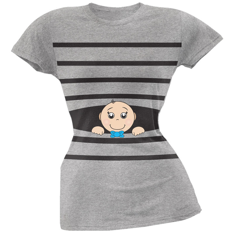 Striped Peeking Baby Boy Pink Soft Juniors T-Shirt Juniors T-Shirts Old Glory