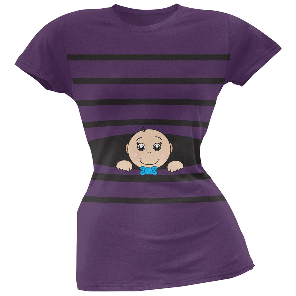Striped Peeking Baby Boy Pink Soft Juniors T-Shirt Juniors T-Shirts Old Glory