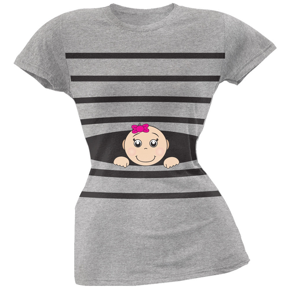 Striped Peeking Baby Girl Pink Soft Juniors T-Shirt Juniors T-Shirts Old Glory