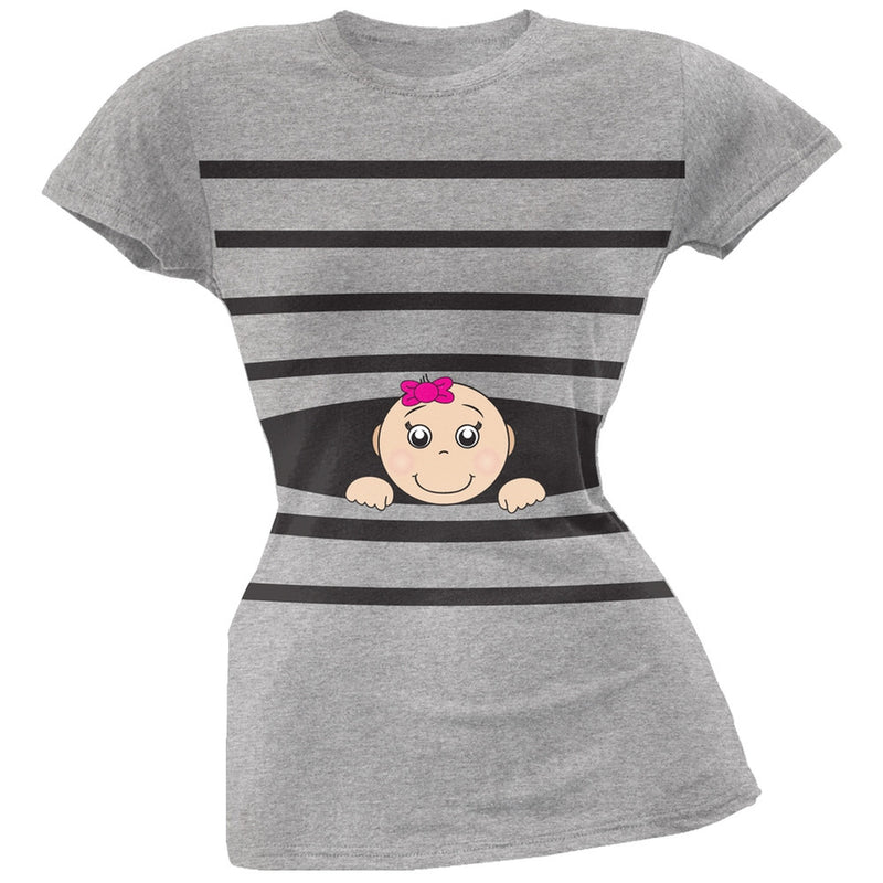 Striped Peeking Baby Girl Pink Soft Juniors T-Shirt Juniors T-Shirts Old Glory