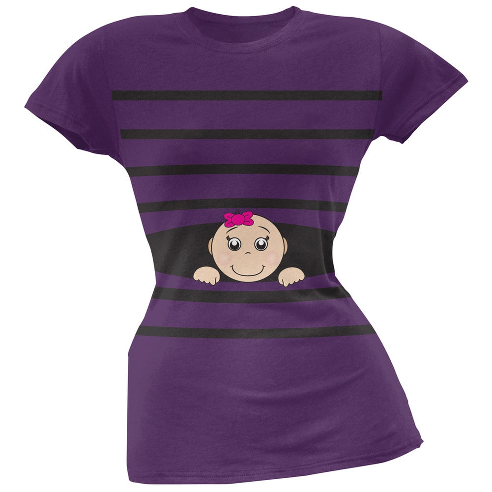 Striped Peeking Baby Girl Pink Soft Juniors T-Shirt Juniors T-Shirts Old Glory