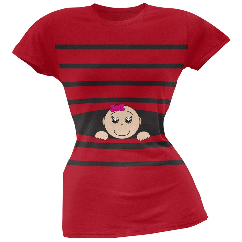 Striped Peeking Baby Girl Pink Soft Juniors T-Shirt Juniors T-Shirts Old Glory