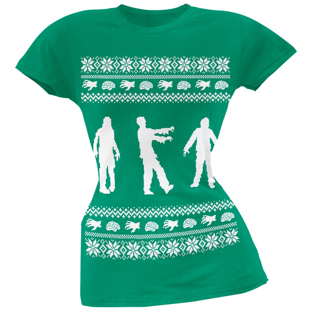 Zombie Ugly Christmas Sweater Red Soft Juniors T-Shirt Juniors T-Shirts Old Glory