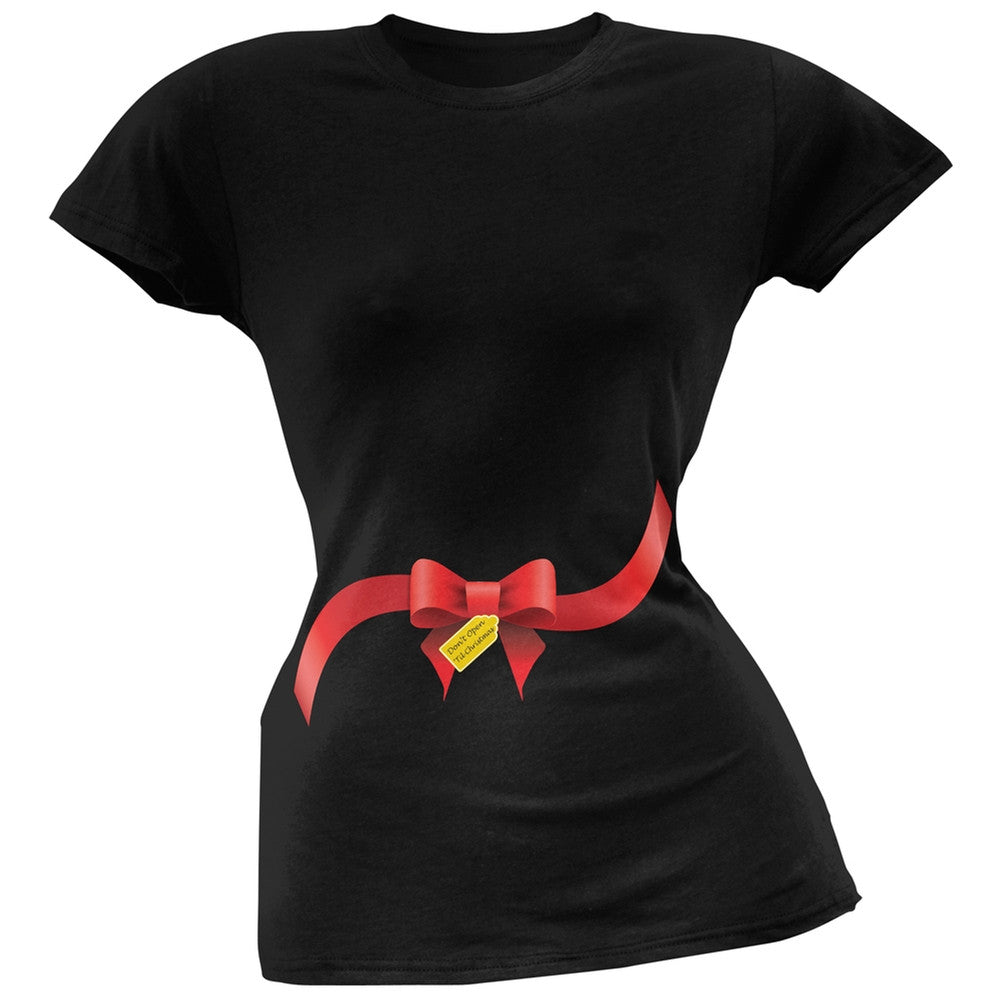 Dont Open 'Til Christmas Bow Black Soft Juniors T-Shirt Juniors T-Shirts Old Glory