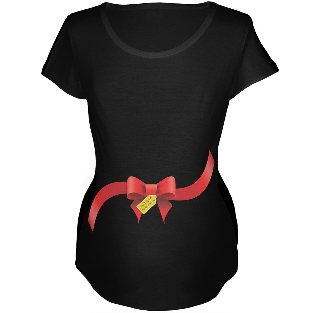 Dont Open 'Til Christmas Bow Black Maternity T-Shirt Maternity T-Shirts Old Glory
