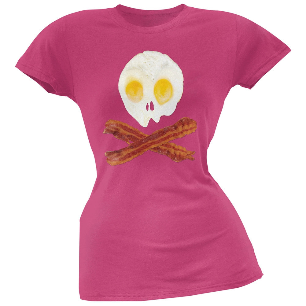 Eggs And Bacon Skull And Cross Bones Pink Soft Juniors T-Shirt Juniors T-Shirts Old Glory