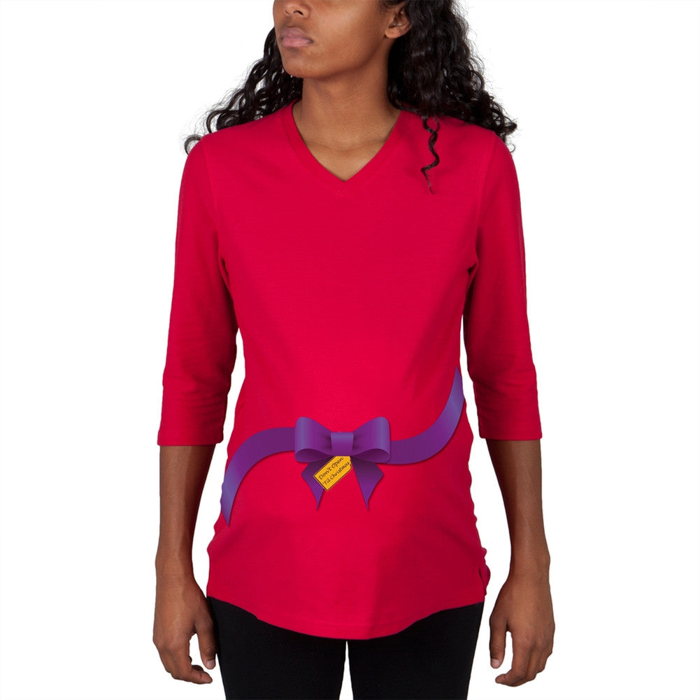 Dont Open 'Til Christmas Bow Black Maternity T-Shirt Maternity T-Shirts Old Glory