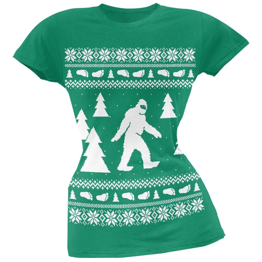 Sasquatch Ugly Christmas Sweater Green Soft Juniors T-Shirt Juniors T-Shirts Old Glory
