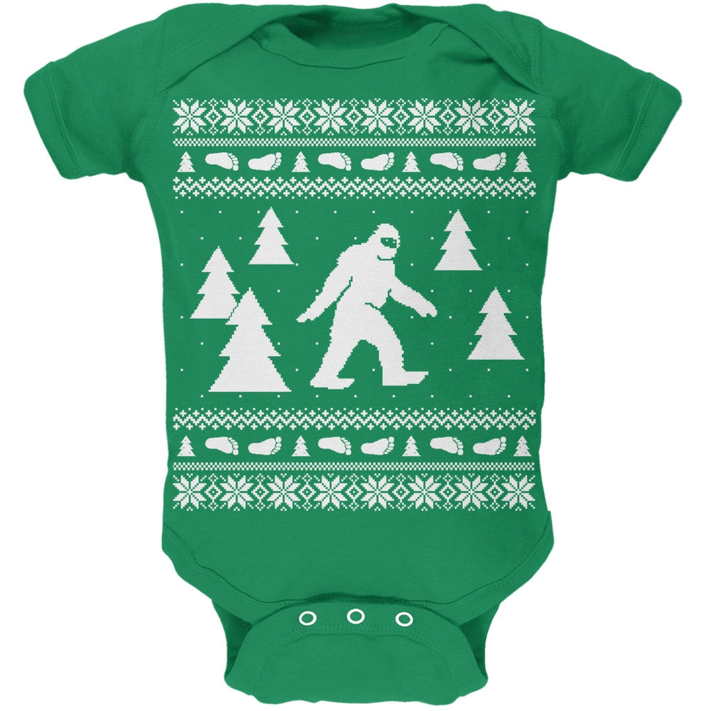 Sasquatch Ugly Christmas Sweater Green Soft Baby One Piece Baby One Piece Old Glory