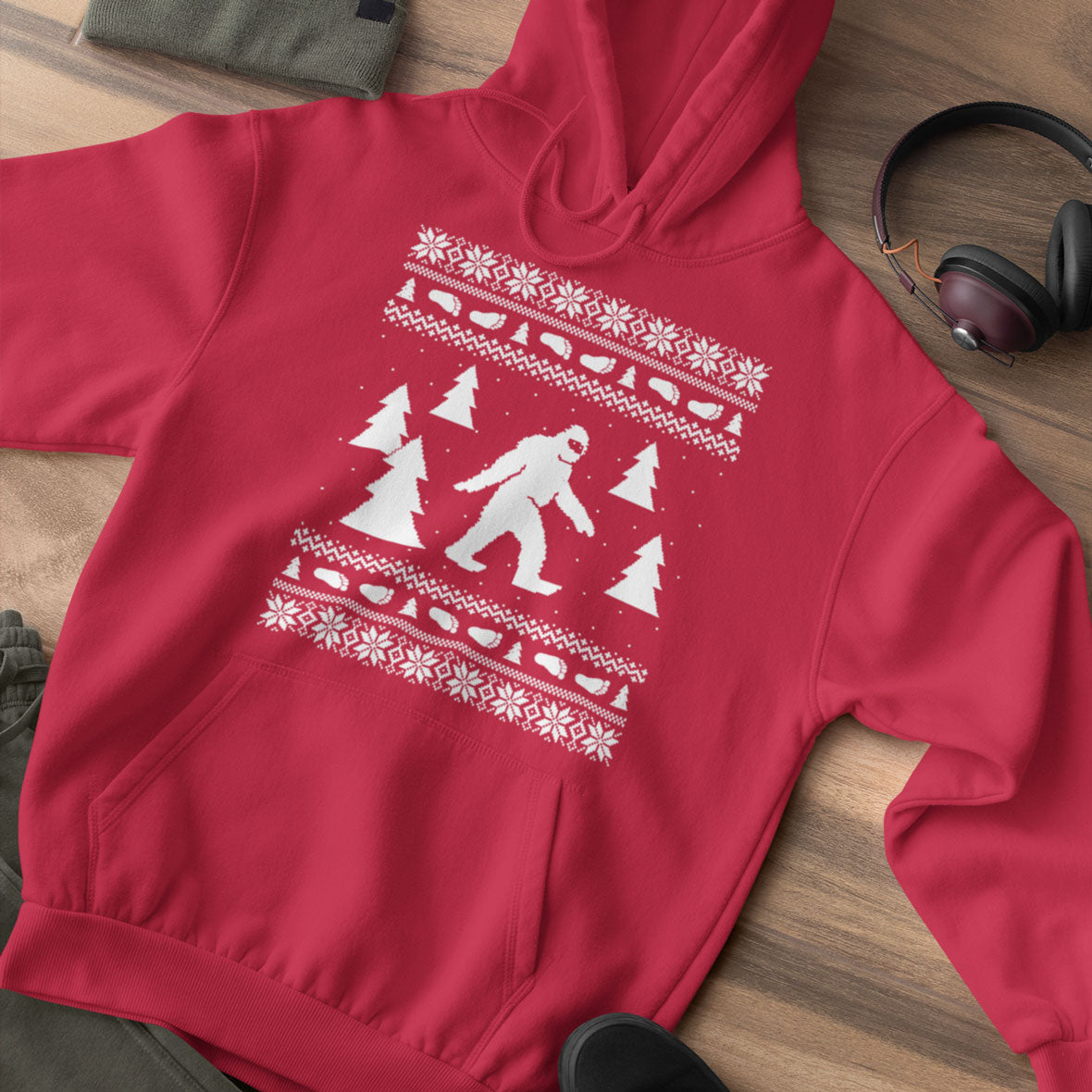 Sasquatch Ugly Christmas Sweater Mens Pullover Hoodie Men's Hoodies Old Glory SM Red