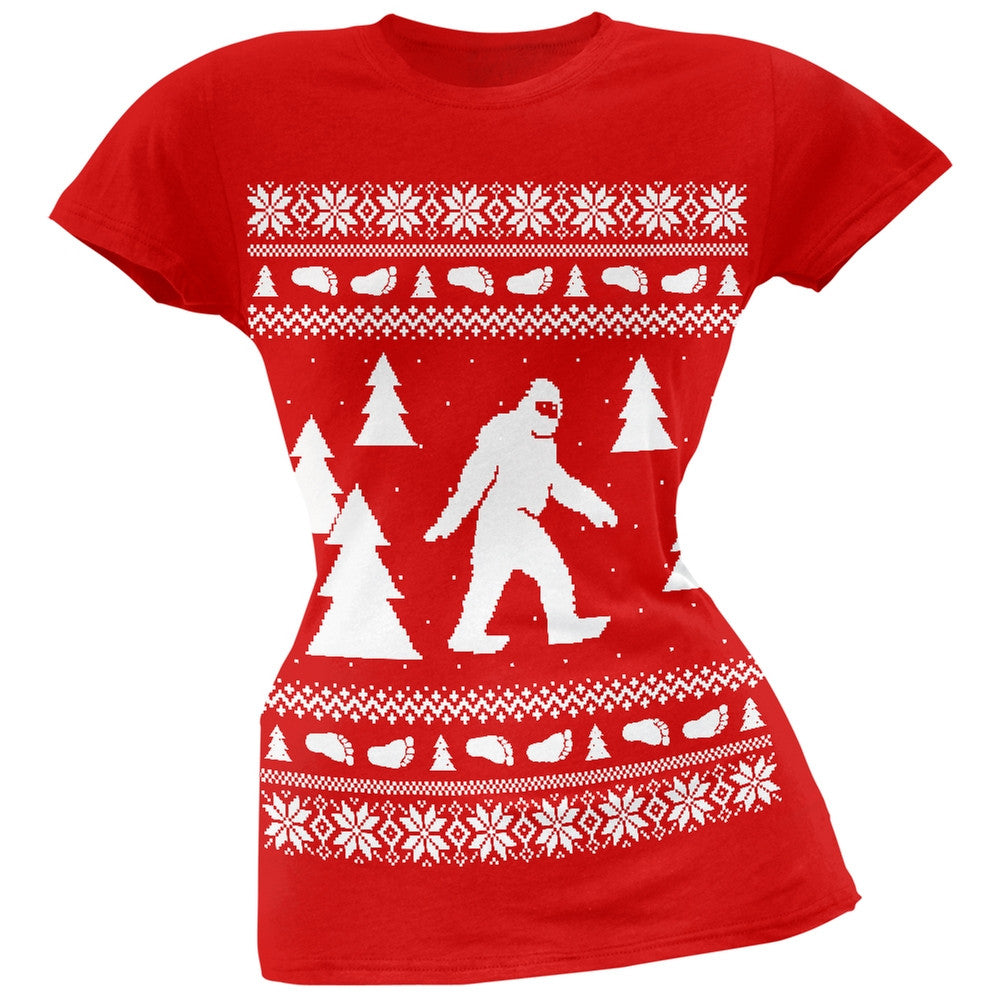 Sasquatch Ugly Christmas Sweater Green Soft Juniors T-Shirt Juniors T-Shirts Old Glory