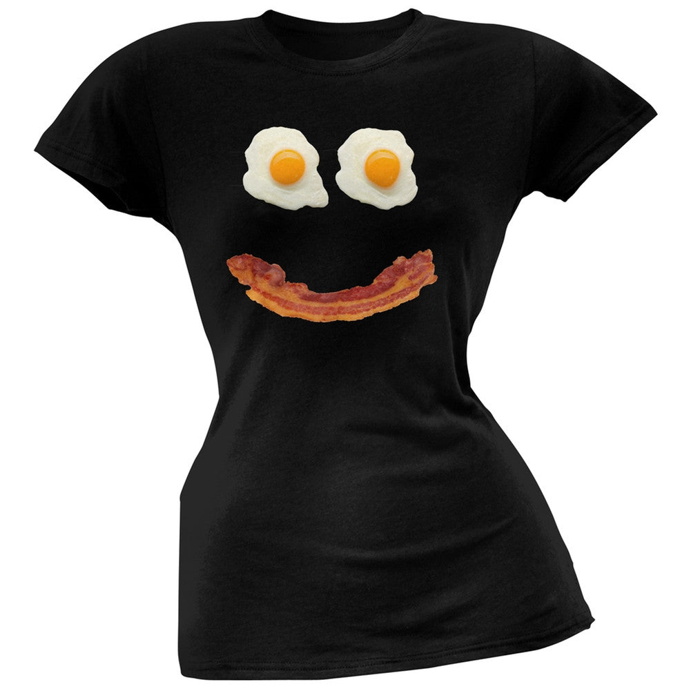 Mr. Happy Smiley Face Bacon And Eggs Black Soft Juniors T-Shirt Juniors T-Shirts Old Glory