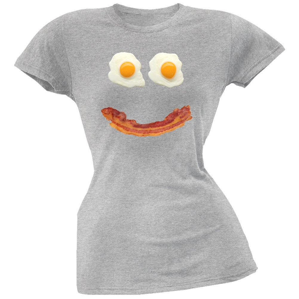 Mr. Happy Smiley Face Bacon And Eggs Black Soft Juniors T-Shirt Juniors T-Shirts Old Glory