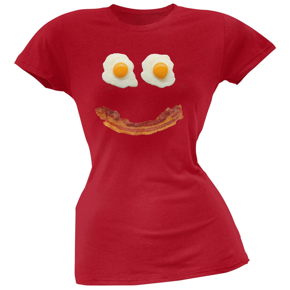 Mr. Happy Smiley Face Bacon And Eggs Black Soft Juniors T-Shirt Juniors T-Shirts Old Glory