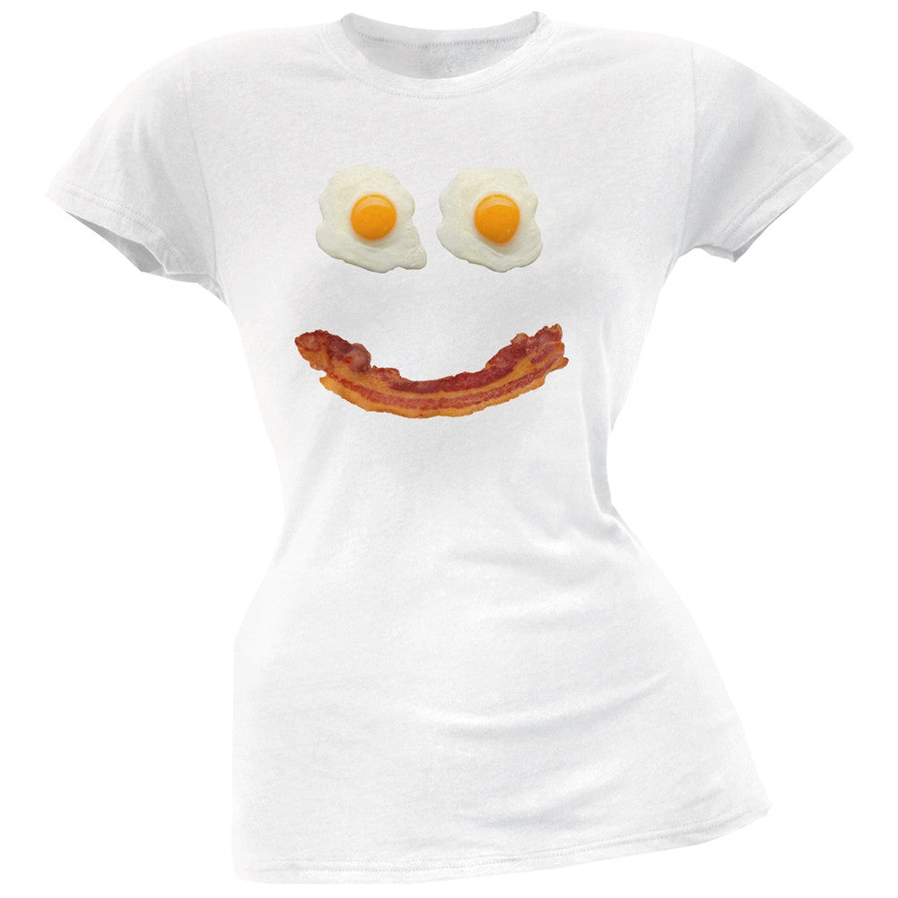 Mr. Happy Smiley Face Bacon And Eggs Black Soft Juniors T-Shirt Juniors T-Shirts Old Glory